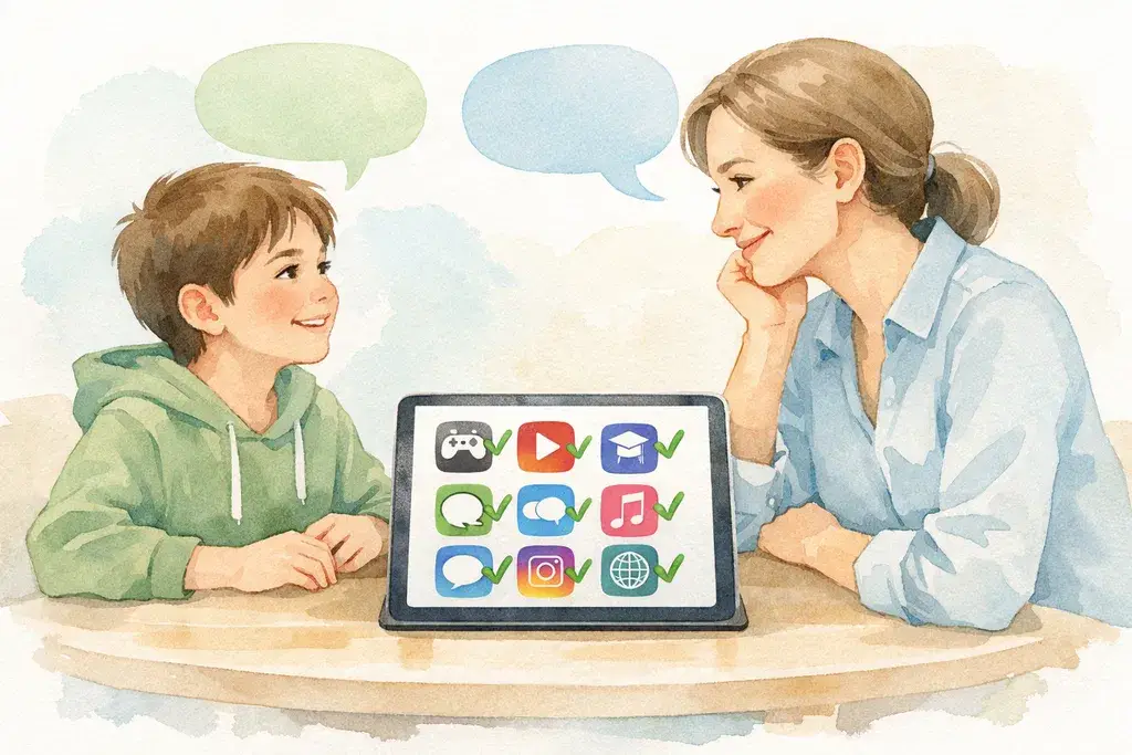 Mother and son sitting together agreeing on blocked apps list on a digital device.