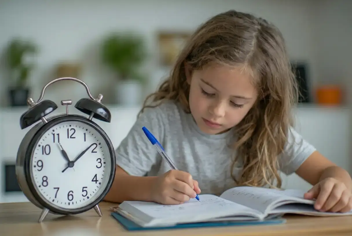 Little girl focused on writing homework next to a large analog clock, illustrating child time management and study habits for Timily App.